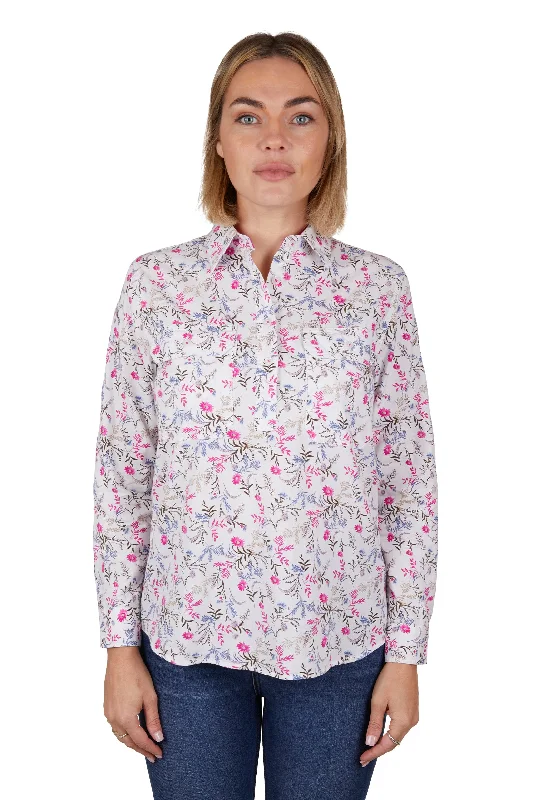 Hard Slog Ladies Candy Half Placket L/S Shirt - White/Pink - H4W2101202 Zippered Front Buttoned Front Snap Front Hard Slog Ladies Candy Half Placket L/S Shirt - White/Pink - H4W2101202 Zippered Front Buttoned Front Snap Front