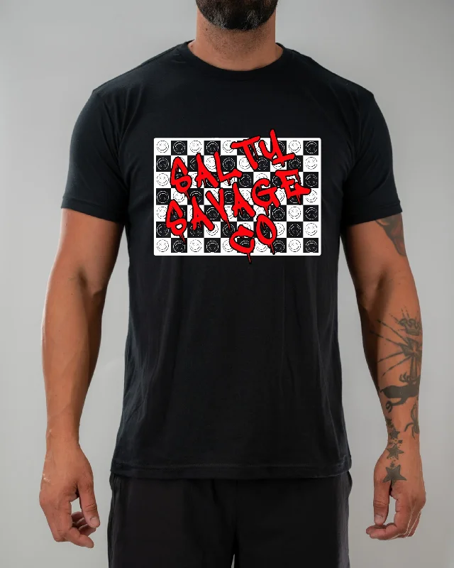 Salty Savage Unisex “Graffiti Checkered Print” Tee | Black Jersey Fabric Tulle Fabric Batik Fabric Salty Savage Unisex “Graffiti Checkered Print” Tee | Black Jersey Fabric Tulle Fabric Batik Fabric