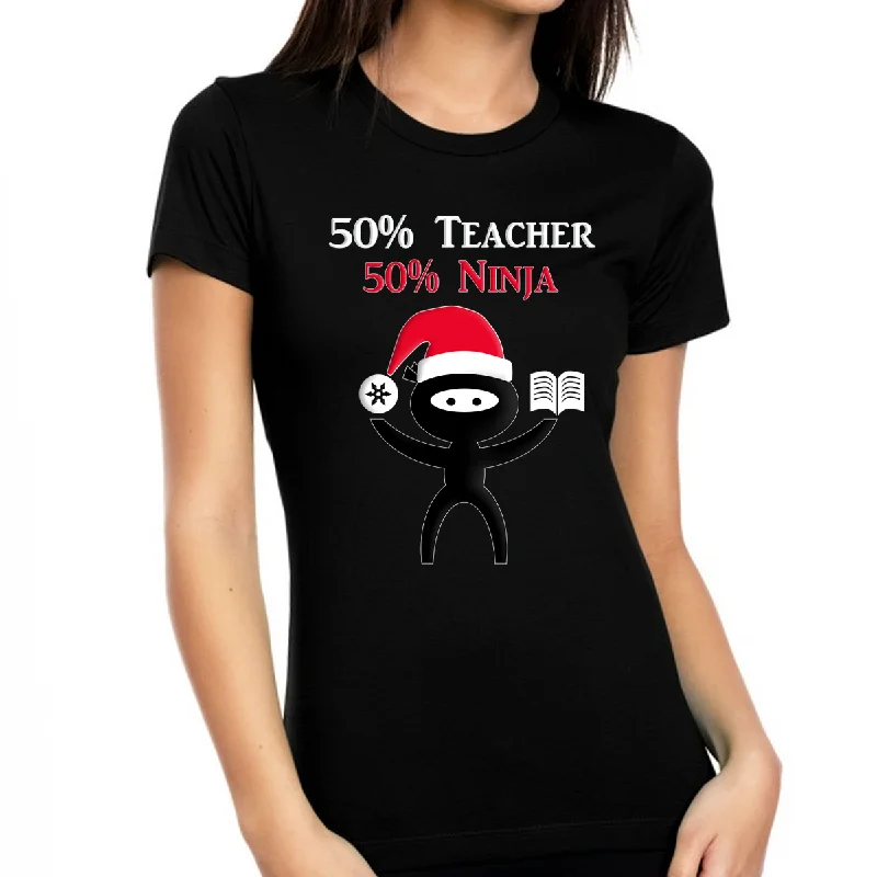 Funy Teacher Christmas Shirt for Women 50% Teacher 50% Ninja Shirt Womens Christmas Teacher Gift Notch Collar Peter Pan Collar Cowl Neck Funy Teacher Christmas Shirt for Women 50% Teacher 50% Ninja Shirt Womens Christmas Teacher Gift Notch Collar Peter Pan Collar Cowl Neck