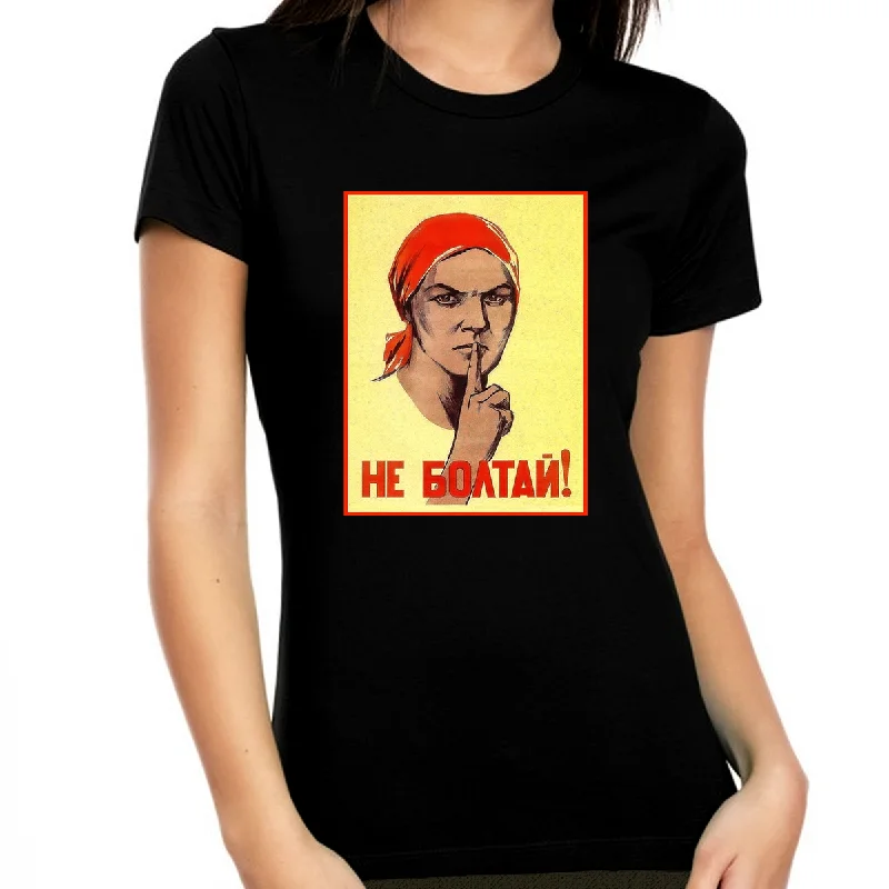Vintage Russian Shirts for Women - Classic Russian Poster Shirt - Be Quiet Silence Don't Talk Graphic Tees Solid Color Striped Floral Vintage Russian Shirts for Women - Classic Russian Poster Shirt - Be Quiet Silence Don't Talk Graphic Tees Solid Color Striped Floral