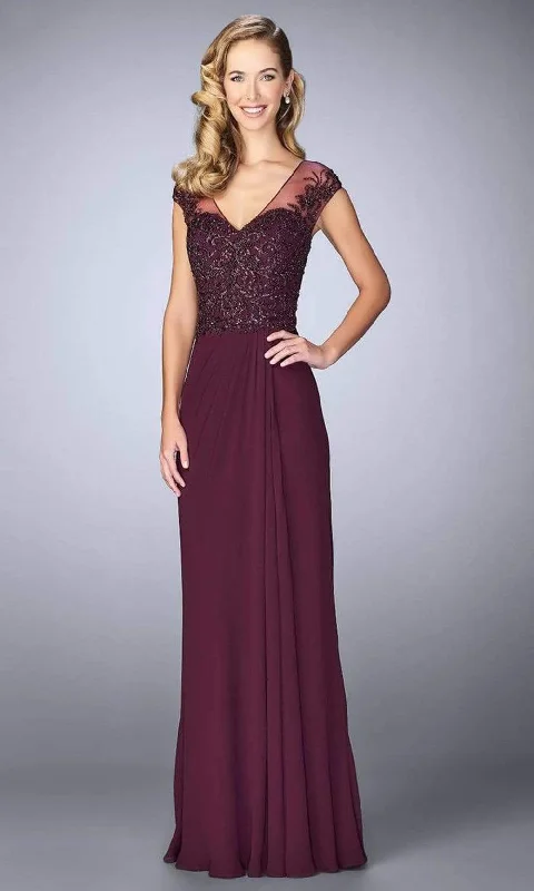 La Femme - 23316SC Illusion V-Neck Beaded Bodice Long Jersey Gown Stylish Jersey Top